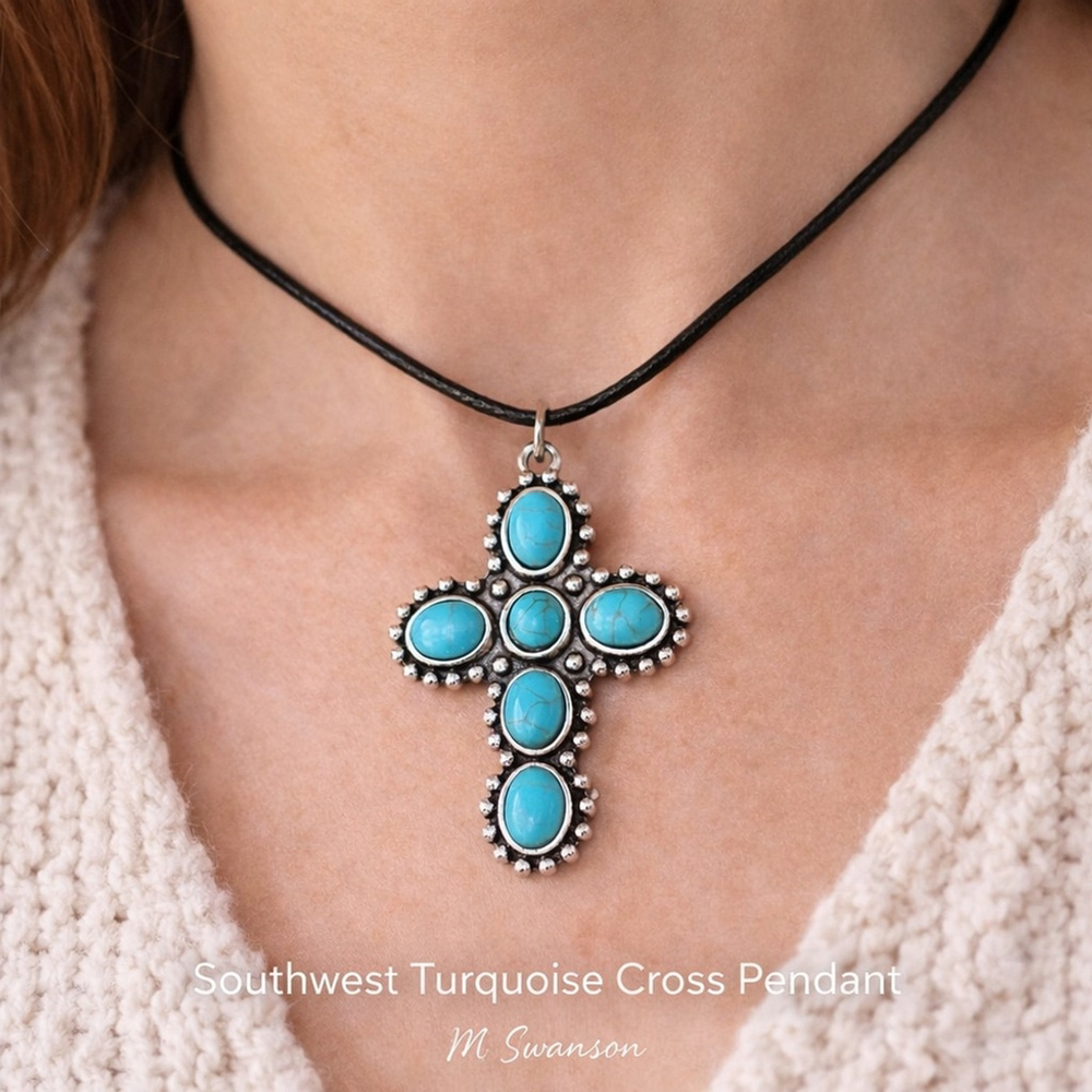Southwest Turquoise Cross Pendant Necklace Silver Tone Boho Western